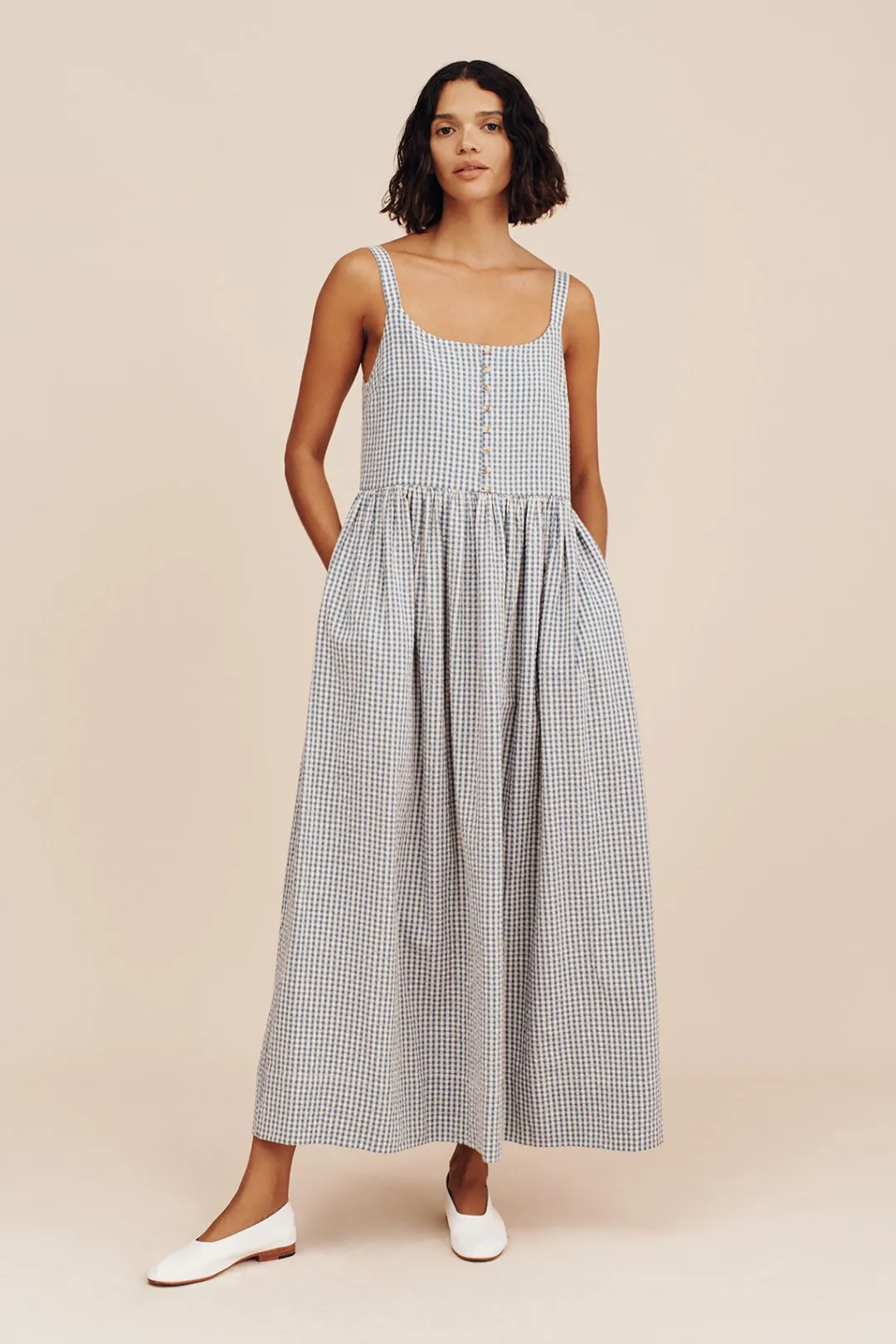 Shop MIRA DRESS - BLUE GINGHAM Maxi Dresses|Dresses