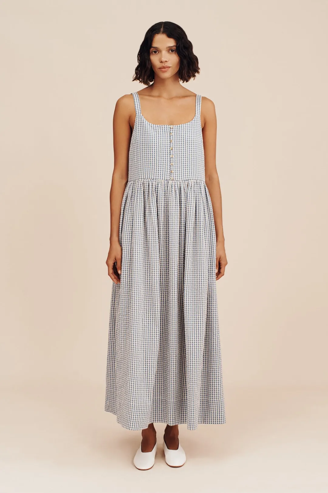 Shop MIRA DRESS - BLUE GINGHAM Maxi Dresses|Dresses