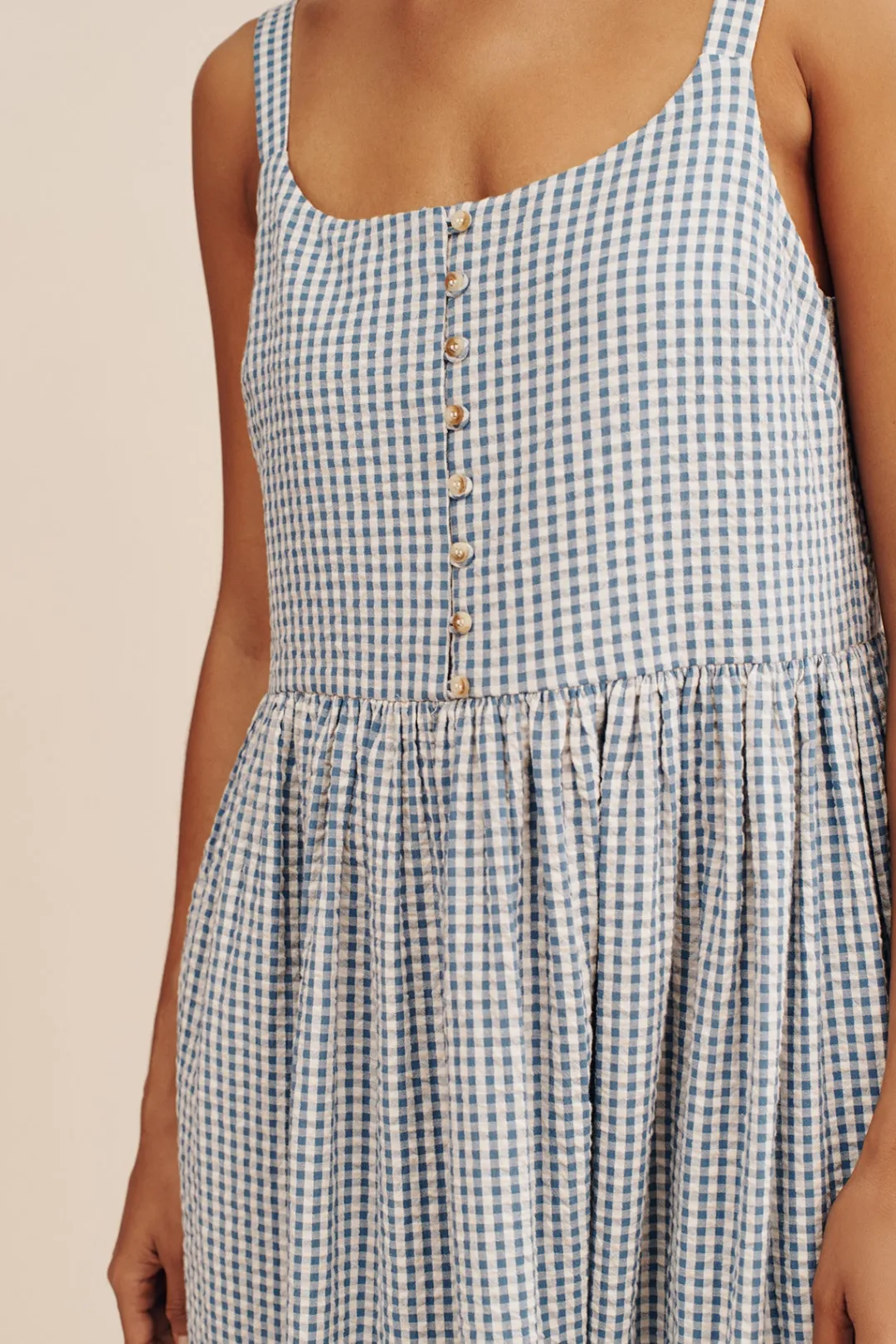 Shop MIRA DRESS - BLUE GINGHAM Maxi Dresses|Dresses